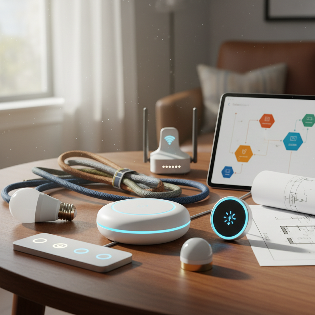 Illustration von Smart Home Geräten wie smarte Glühbirnen und Sensoren