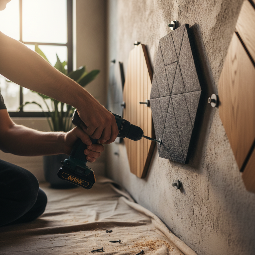Person befestigt Akustikpaneele an der Wand mit Schrauben