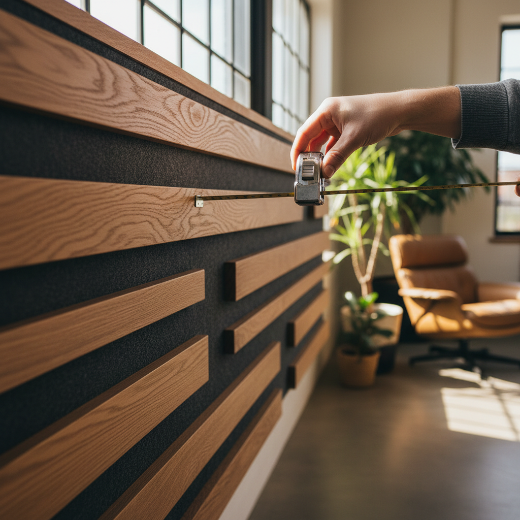 Akustikpaneele in verschiedenen Breiten an einer Wand montiert, um die Raumakustik zu verbessern.