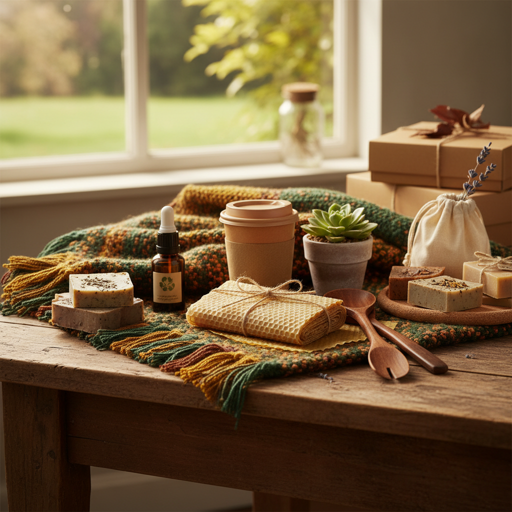 Auswahl an nachhaltigen Geschenkideen wie Bambusprodukte, Stoffbeutel und wiederverwendbare Behälter