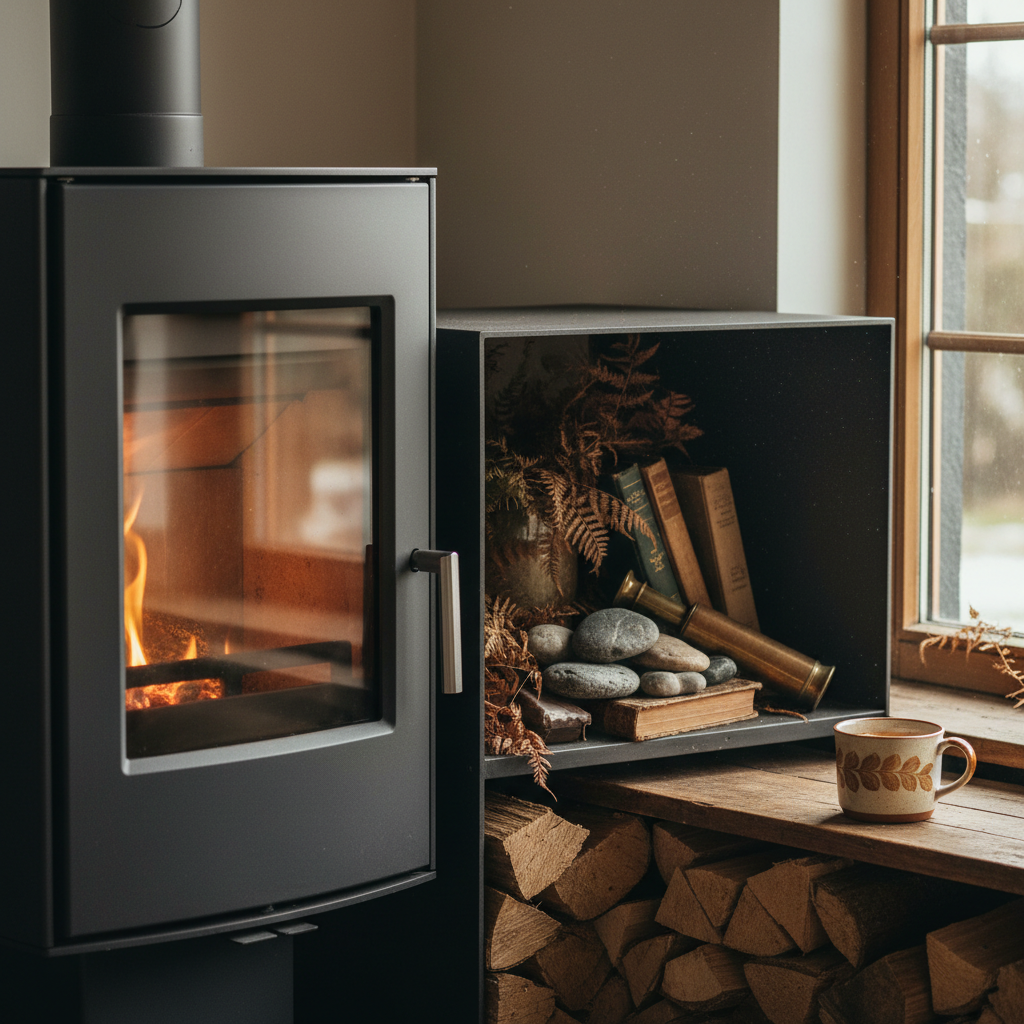 Rustikale Wandverkleidung aus Naturstein hinter einem modernen Kaminofen