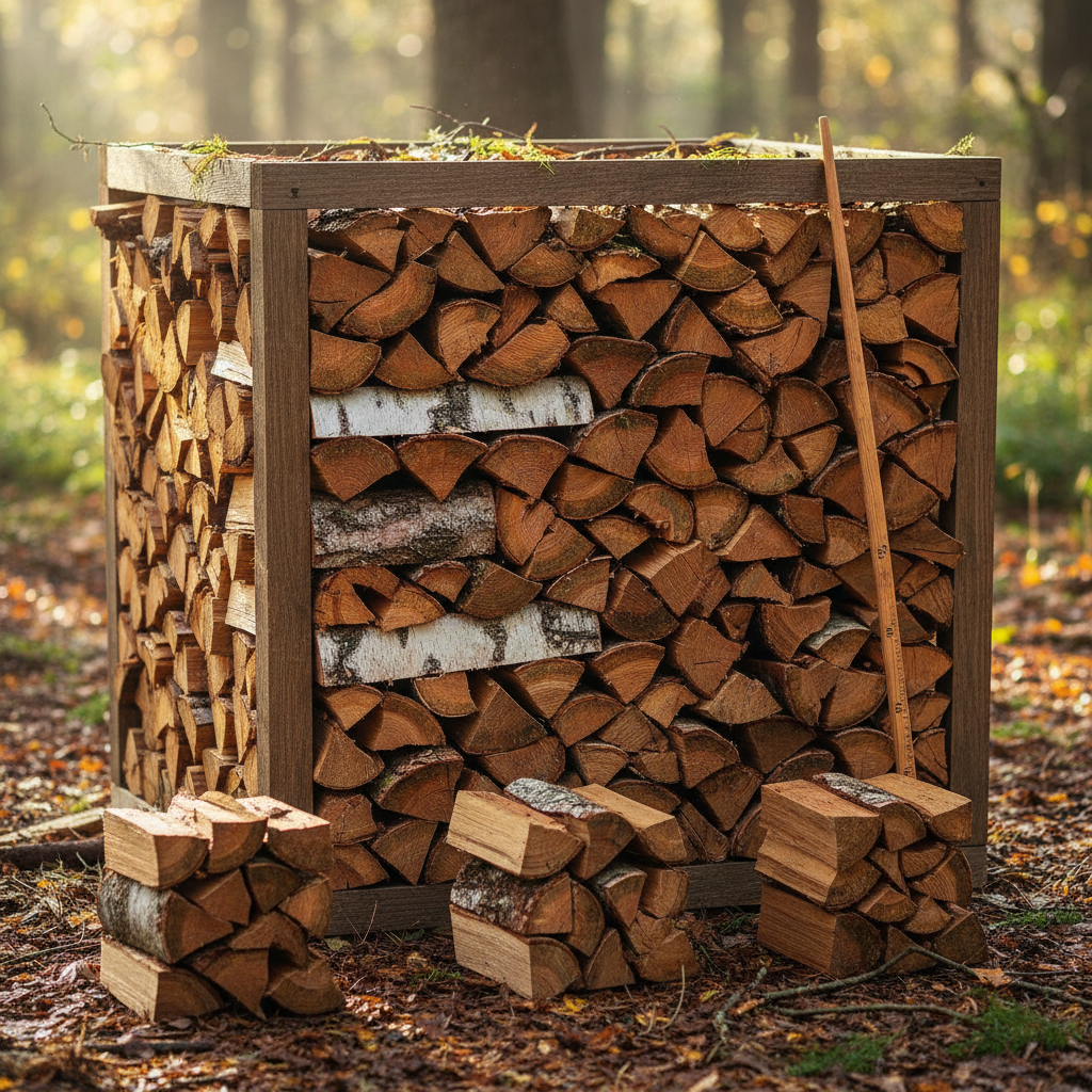 Holzscheite ordentlich gestapelt in einem Raummeter