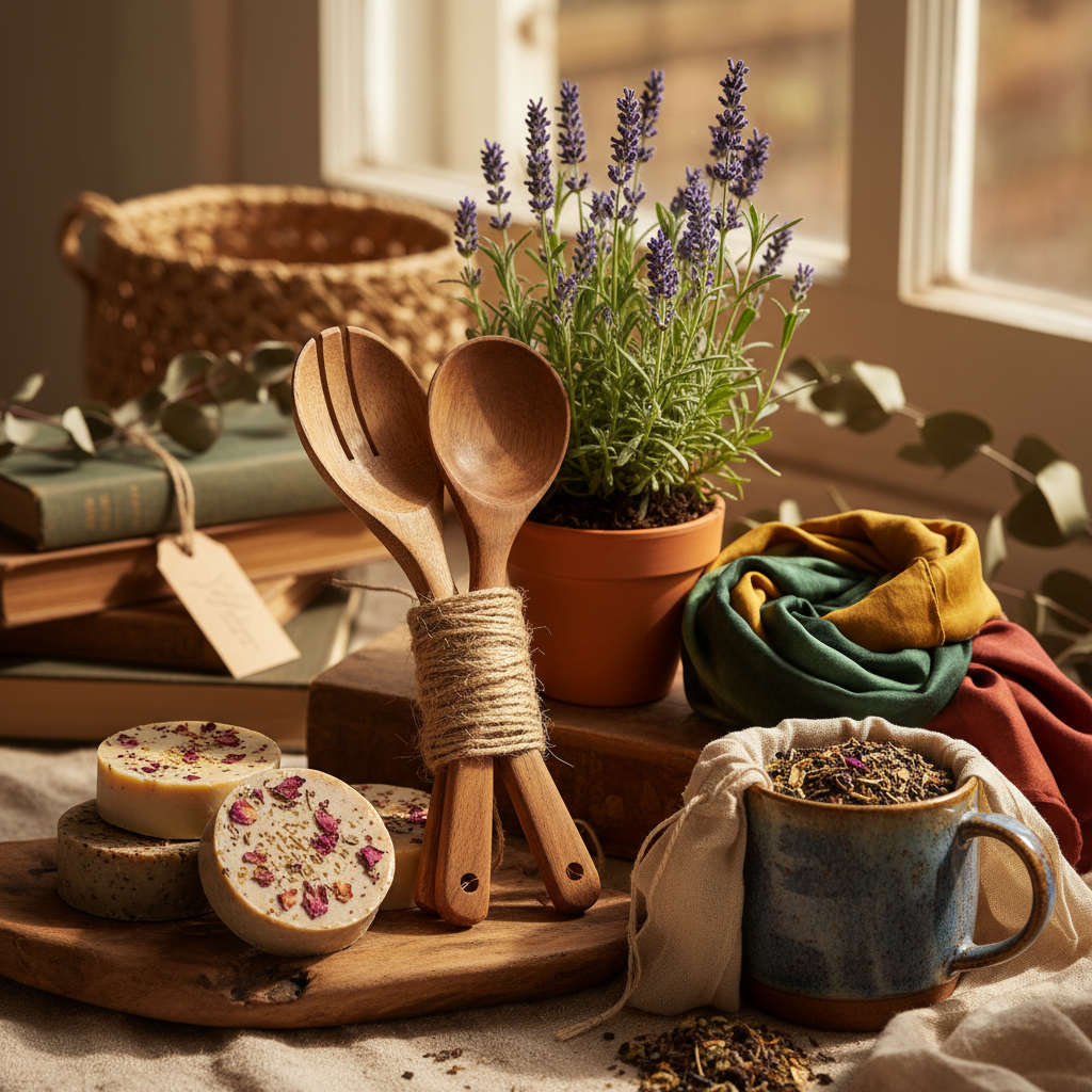 Frau hält eine nachhaltig verpackte Geschenkbox mit Naturprodukten in den Händen