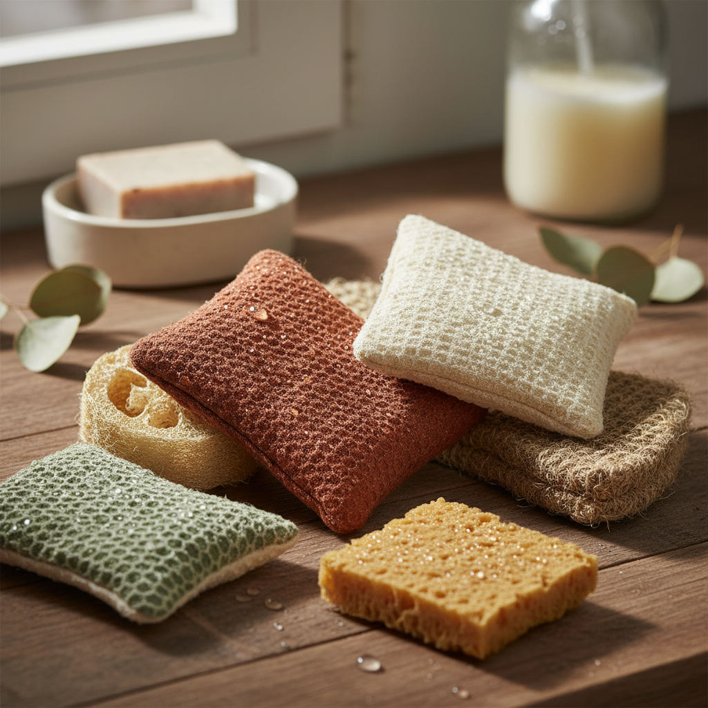 Auswahl an wiederverwendbaren Schwämmen aus verschiedenen Naturmaterialien