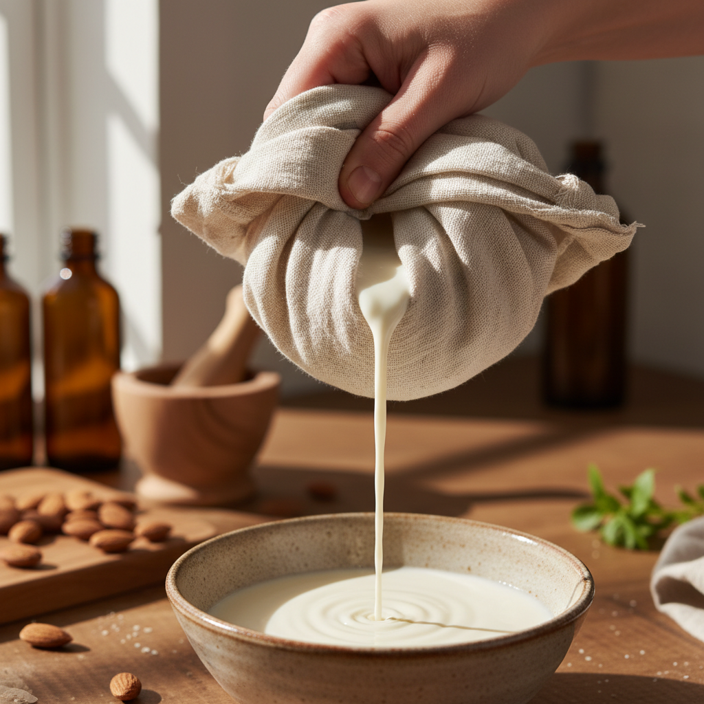 Nahaufnahme eines Nussmilchbeutels mit frisch gepresster Mandelmilch