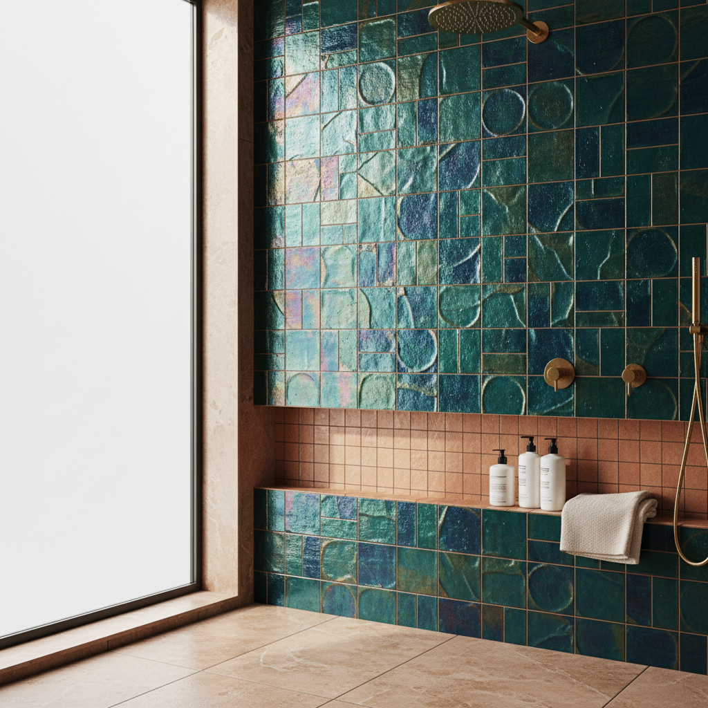 Modernes Badezimmer mit großformatigen grauen Fliesen und Holzoptik-Elementen