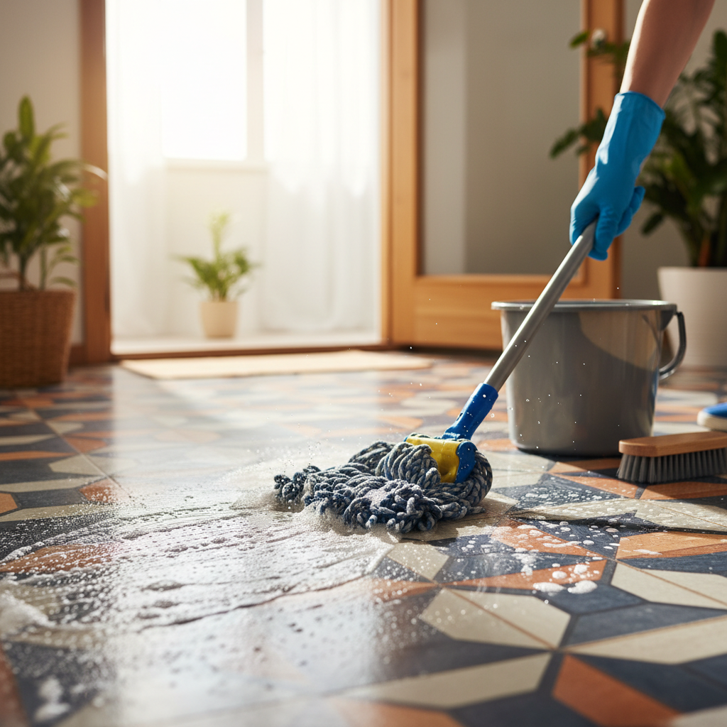 Person reinigt PVC Boden mit Mopp und Eimer