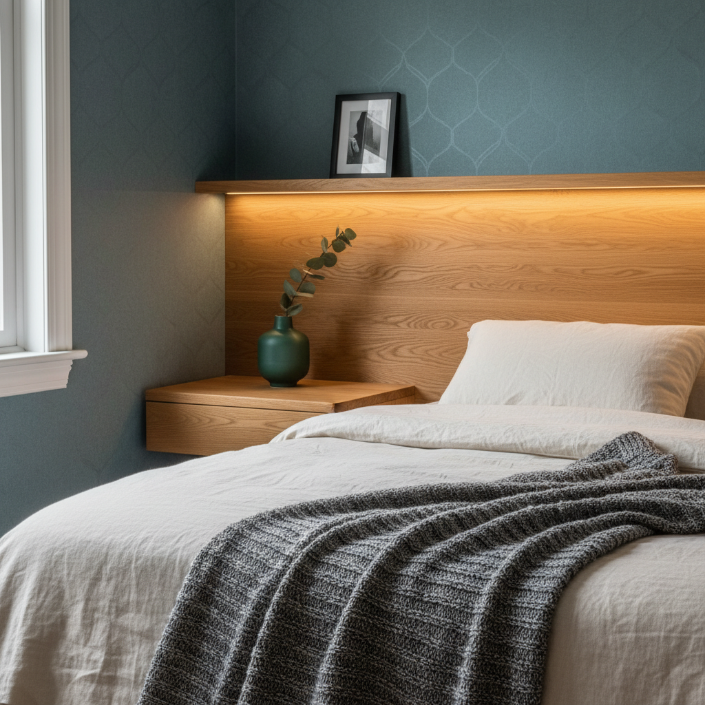 Helle Einrichtungsideen kleines Schlafzimmer mit Spiegel und Stauraumbett