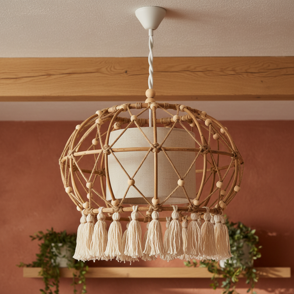 Moderne Deckenleuchte Boho Scandi Mix im hellen Wohnzimmer