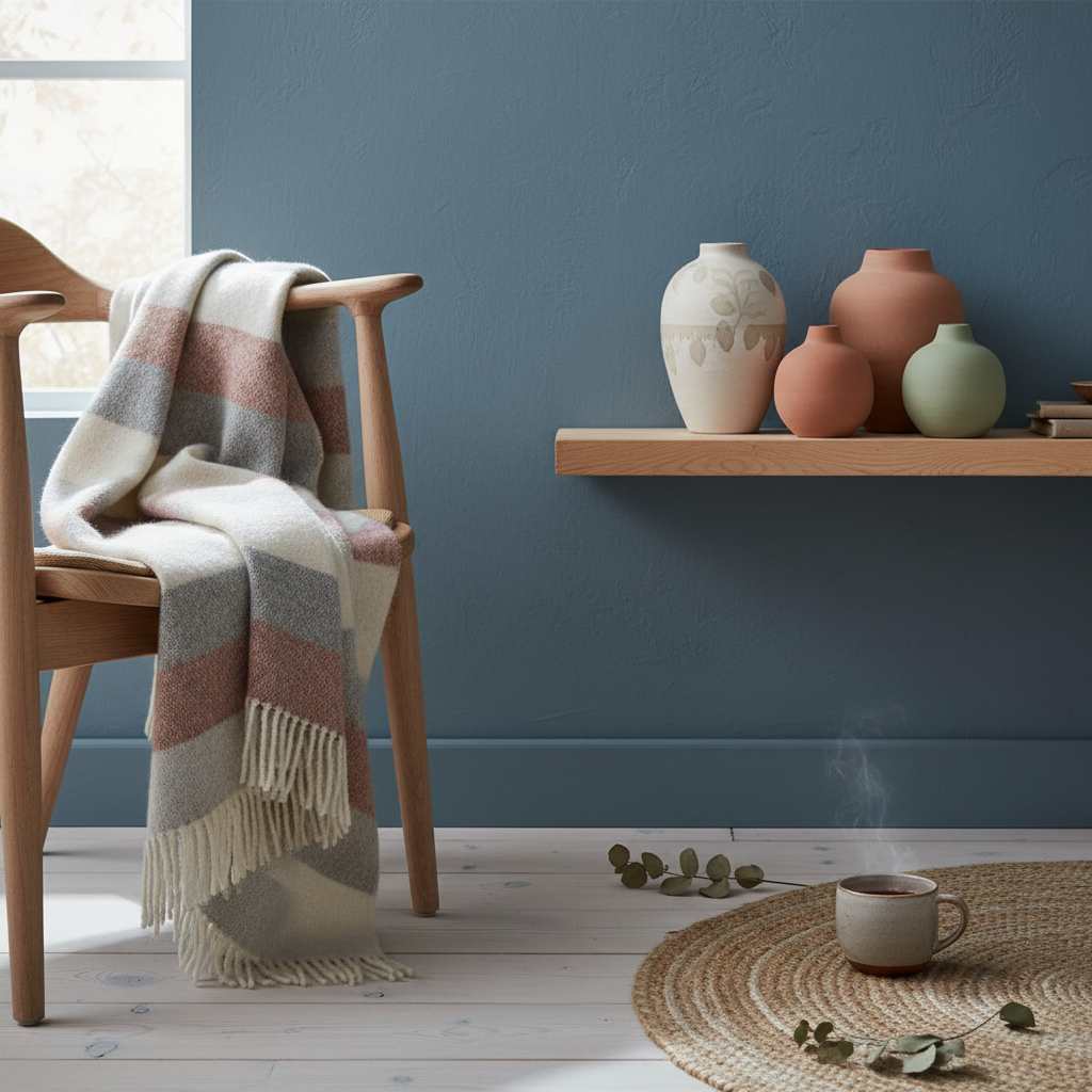 Wohnzimmer im skandinavischen Design mit harmonischen scandi style farben und Holzmöbeln