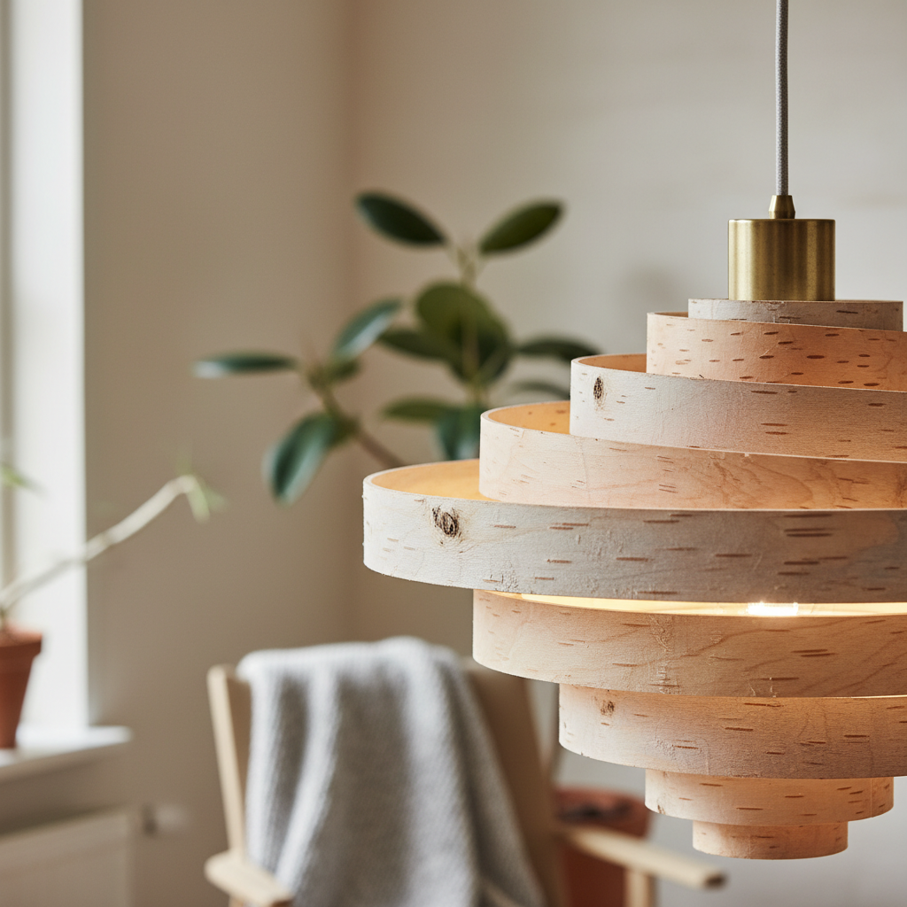 Minimalistische deckenlampe scandi aus hellem Holz und weißem Metall in einem hellen Wohnzimmer