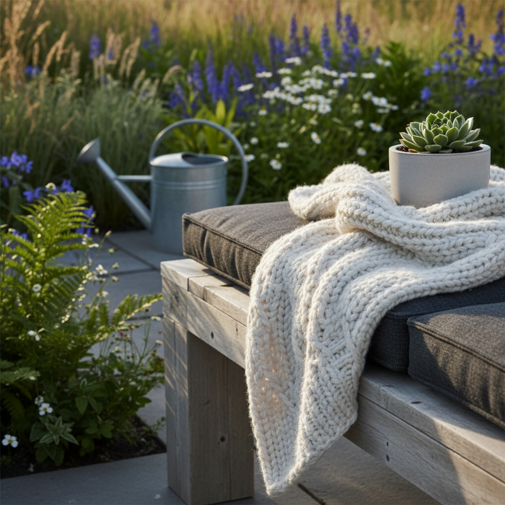 Moderne Scandi Gartenmöbel aus hellem Holz auf einer sonnigen Terrasse