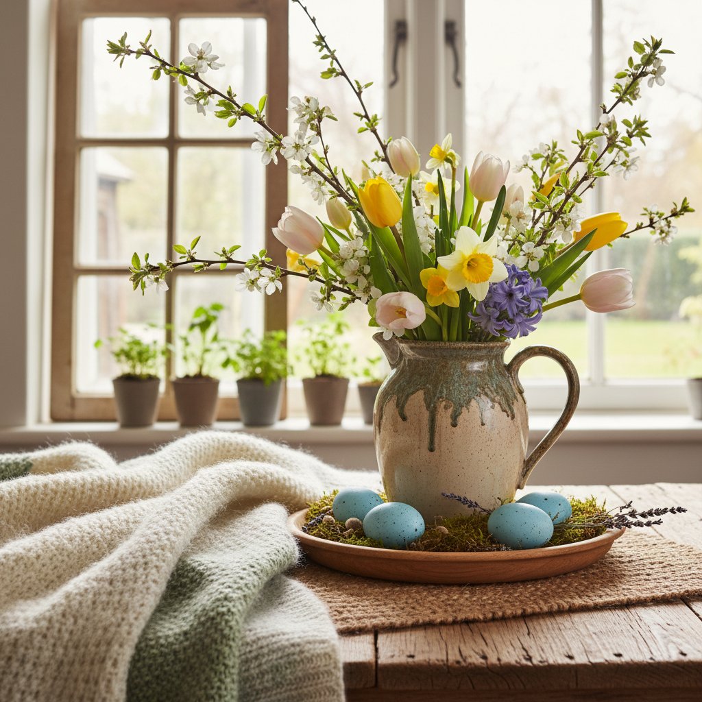 Ein helles Wohnzimmer mit Frühlingsdeko, Blumenvasen und hellen Textilien im Haus