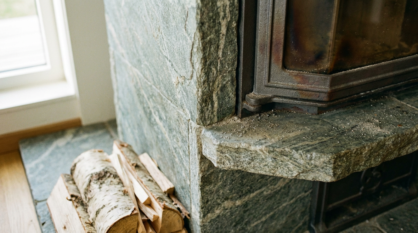 Ein moderner Speckstein Kaminofen mit grauer Maserung in einem hellen Wohnzimmer