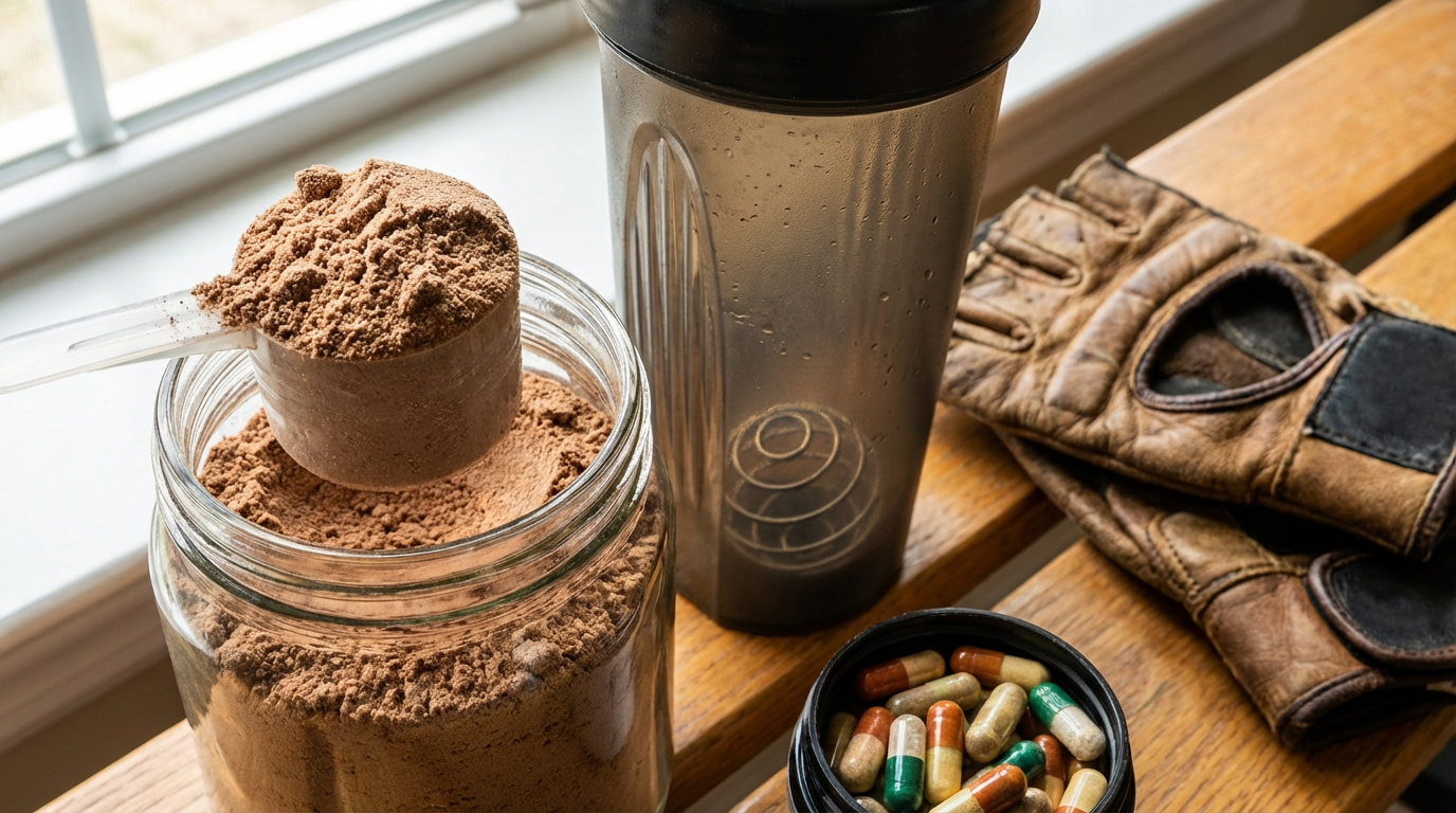 Verschiedene Proteinquellen für Sportler wie Eier, Hülsenfrüchte und Fleisch auf einem Tisch