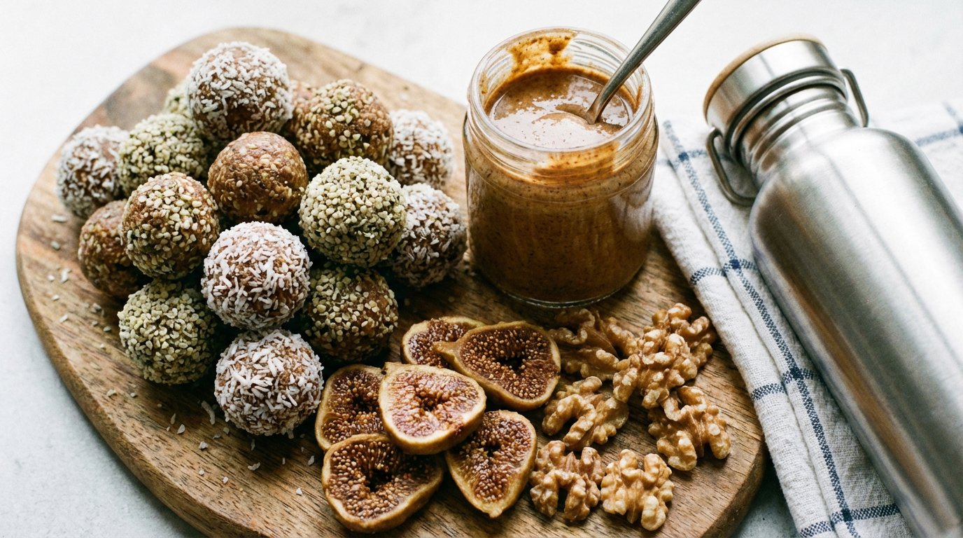 Gesunde Snacks Sportler wie Nüsse, Obst und Quark