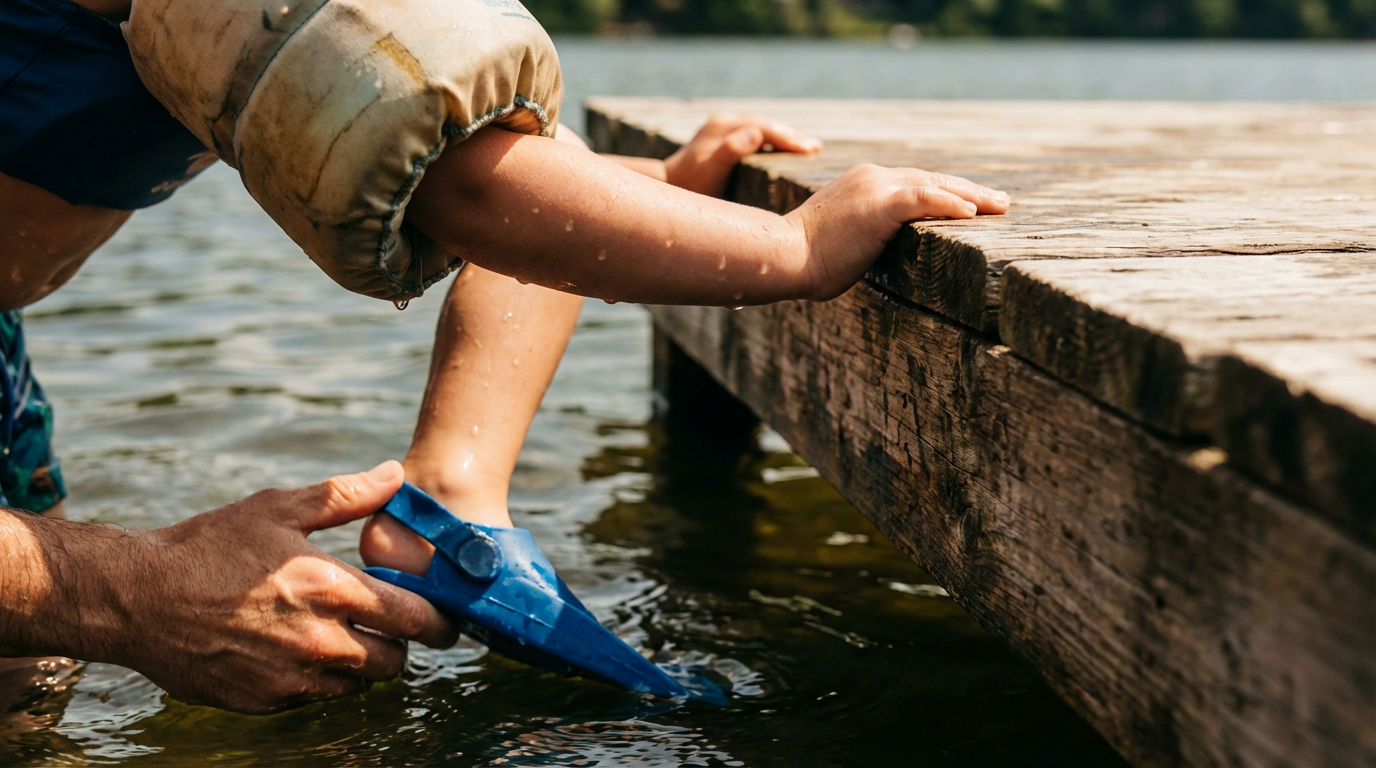 Erwachsener lernt Schwimmen mit einem Schwimmbrett im Hallenbad