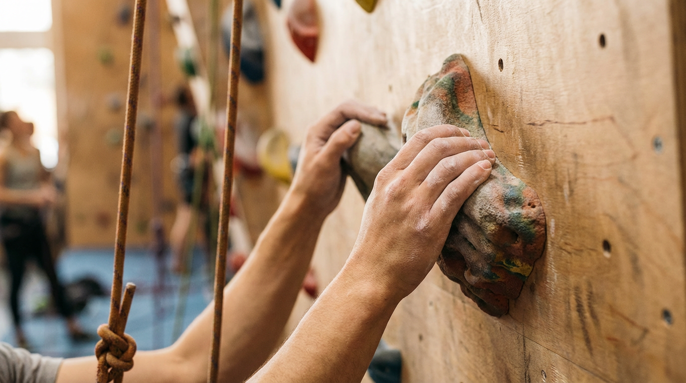 Ein Anfänger beim Klettern Bouldern lernen an einer bunten Kletterwand in der Halle