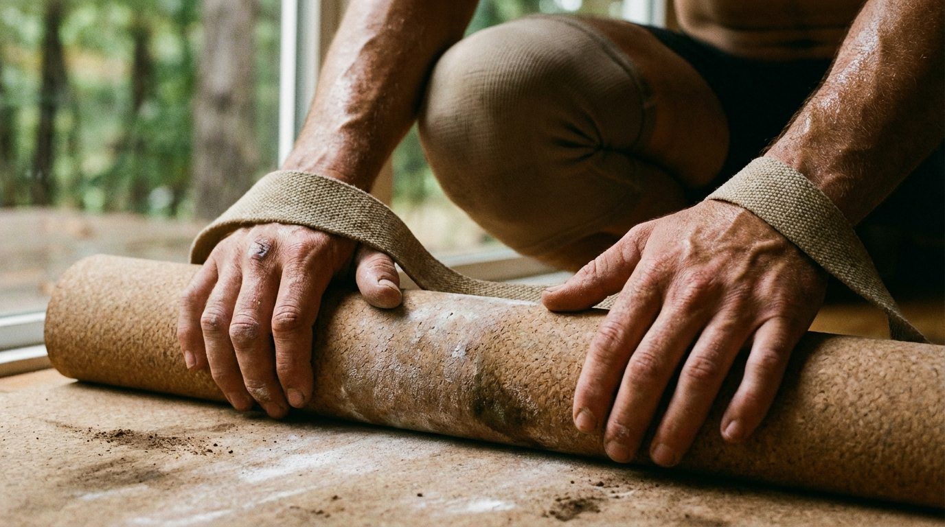 Ein Yoga Sportler praktiziert den herabschauenden Hund zur Dehnung der hinteren Oberschenkelmuskulatur