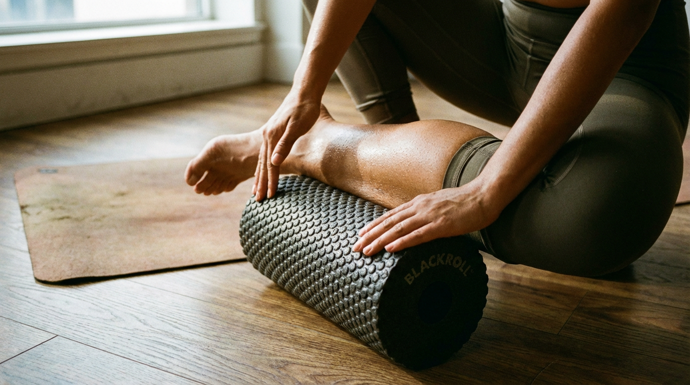 Person nutzt eine Blackroll für das Faszientraining der Beine zur Regeneration