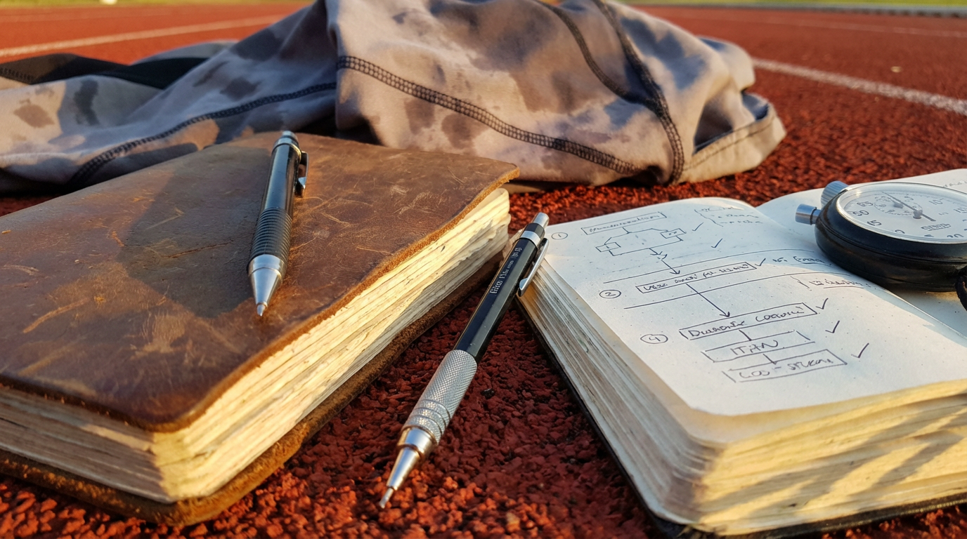 Sportler notiert seine Zielsetzung Sport in ein Trainingstagebuch