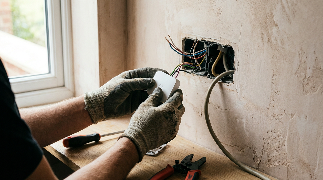 Fachgerechte Smart Home Installation von Sensoren und Steuereinheiten an einer Wand