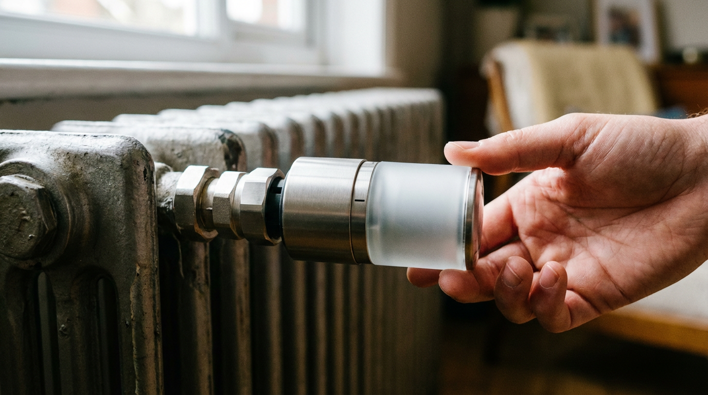 Ein modernes Smart Home Heizung Thermostat an einem Heizkörper montiert