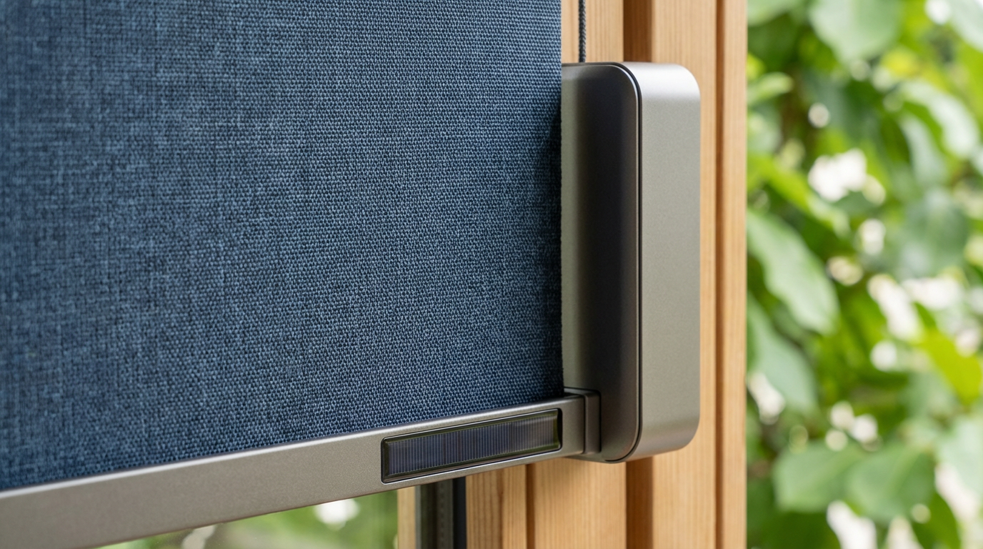 Moderne intelligente Rolläden an einer Glasfassade zur automatischen Verschattung