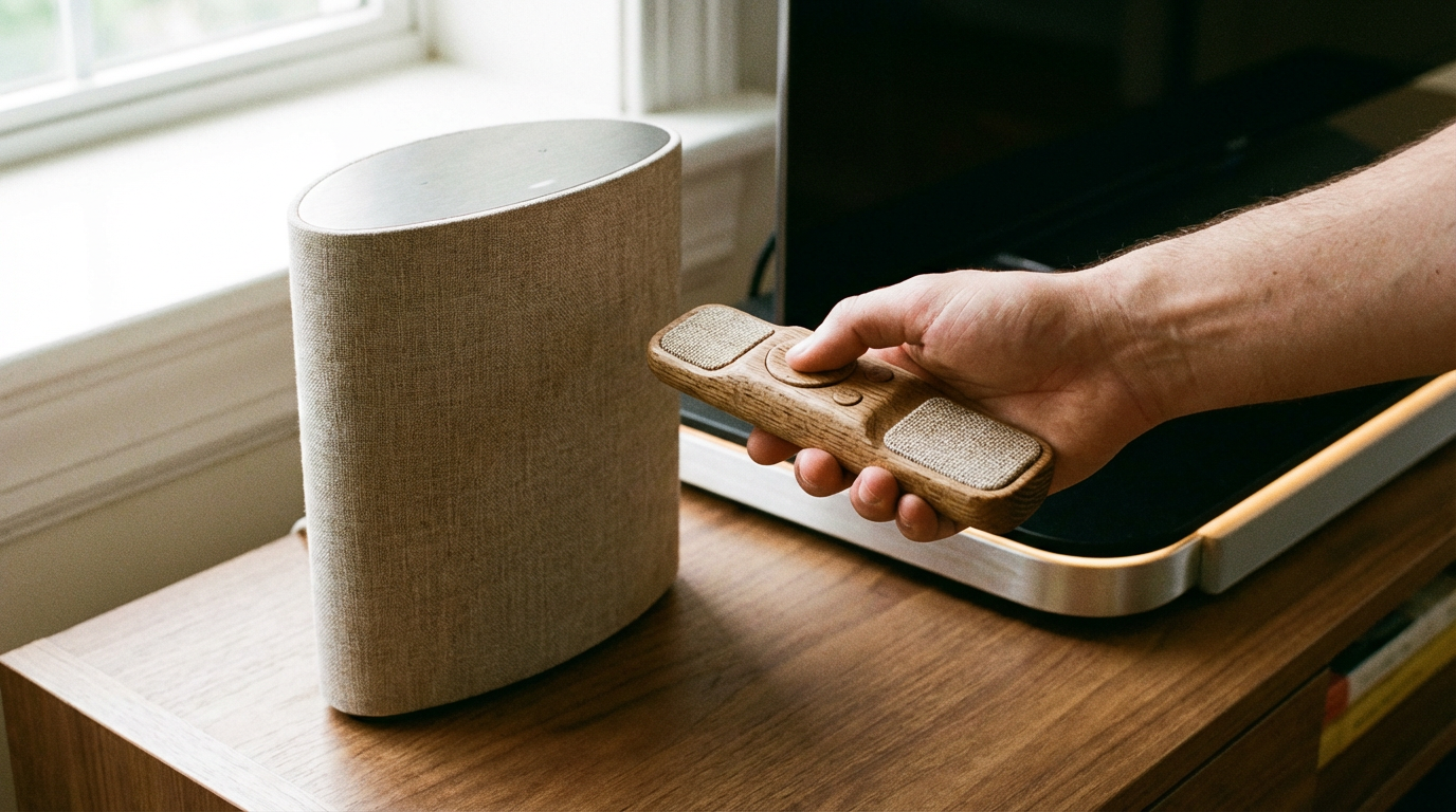 Ein modernes Wohnzimmer mit Smart Entertainment System, Smart-TV und Ambient-Beleuchtung