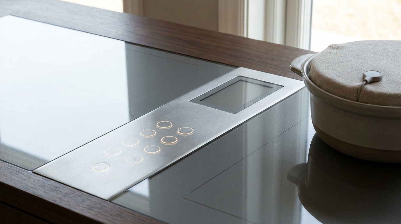 Moderne smarte Küchengeräte wie ein vernetzter Backofen und ein intelligenter Kühlschrank in einer Designerküche