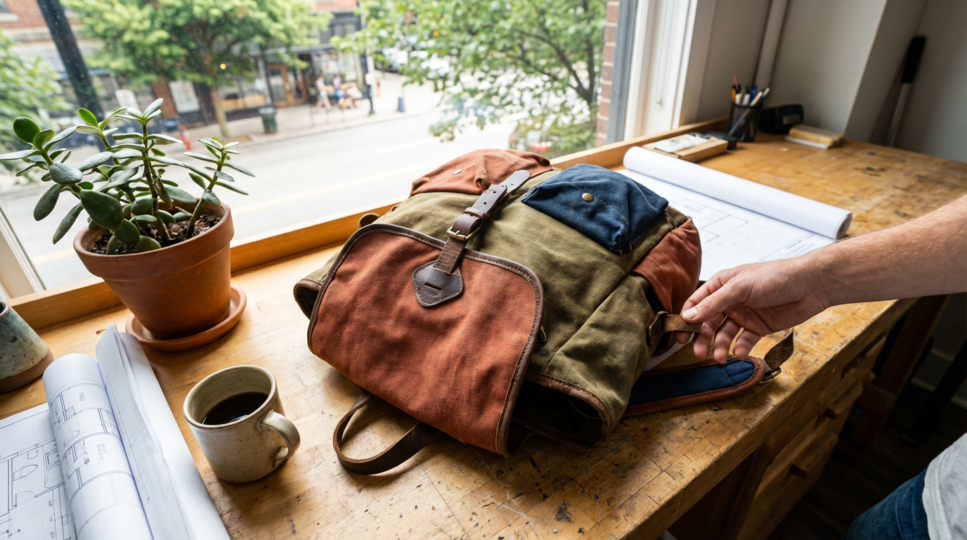Eine elegante Rucksack Handtasche Kombination aus Leder in einer urbanen Umgebung