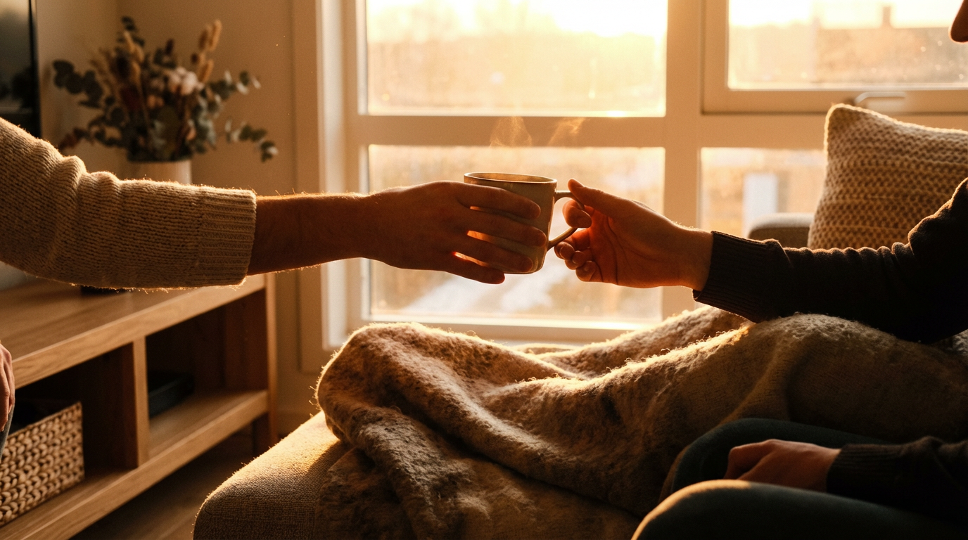 Skandinavische Einrichtung Wohnzimmer mit hellem Sofa und Holzmöbeln