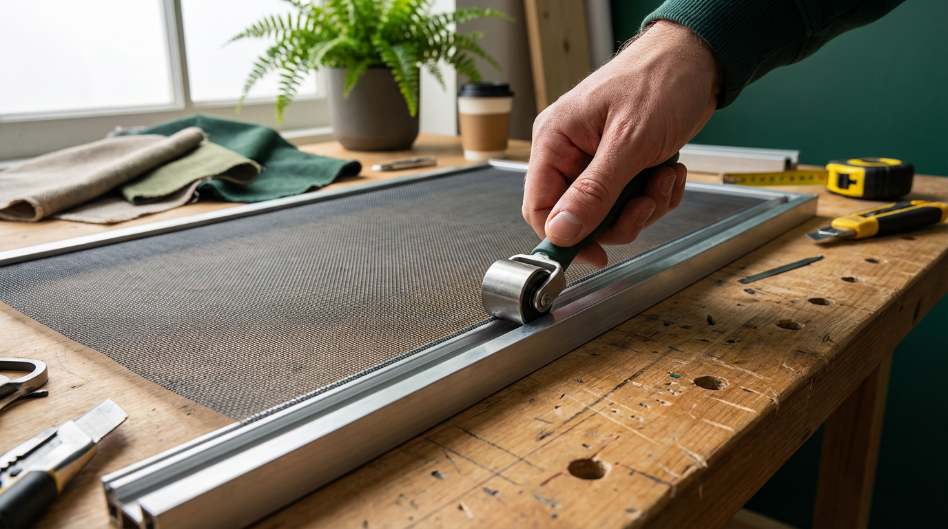 Ein modernes Insektenschutz Rollo an einem weißen Kunststofffenster montiert