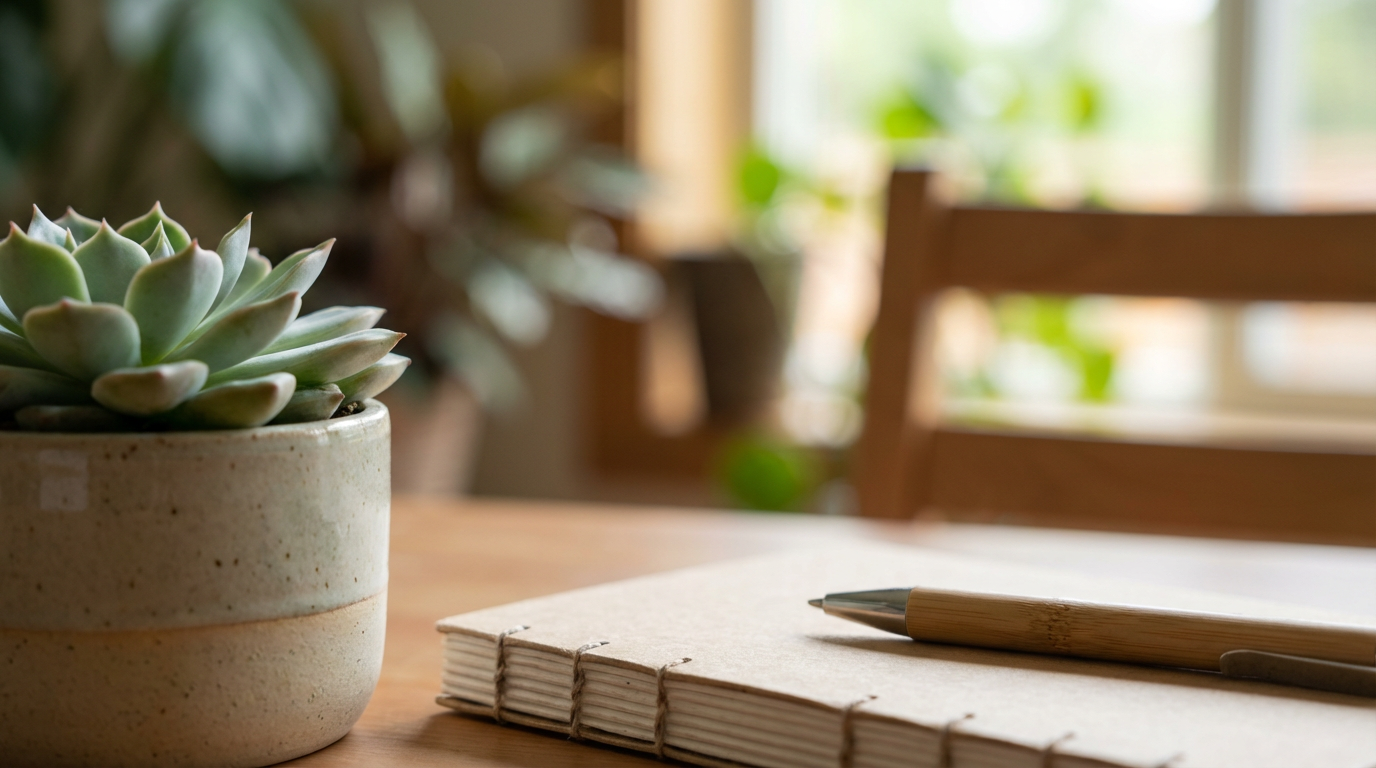 Nachhaltige Büroeinrichtung mit Holzmöbeln und vielen grünen Pflanzen in einem hellen Raum
