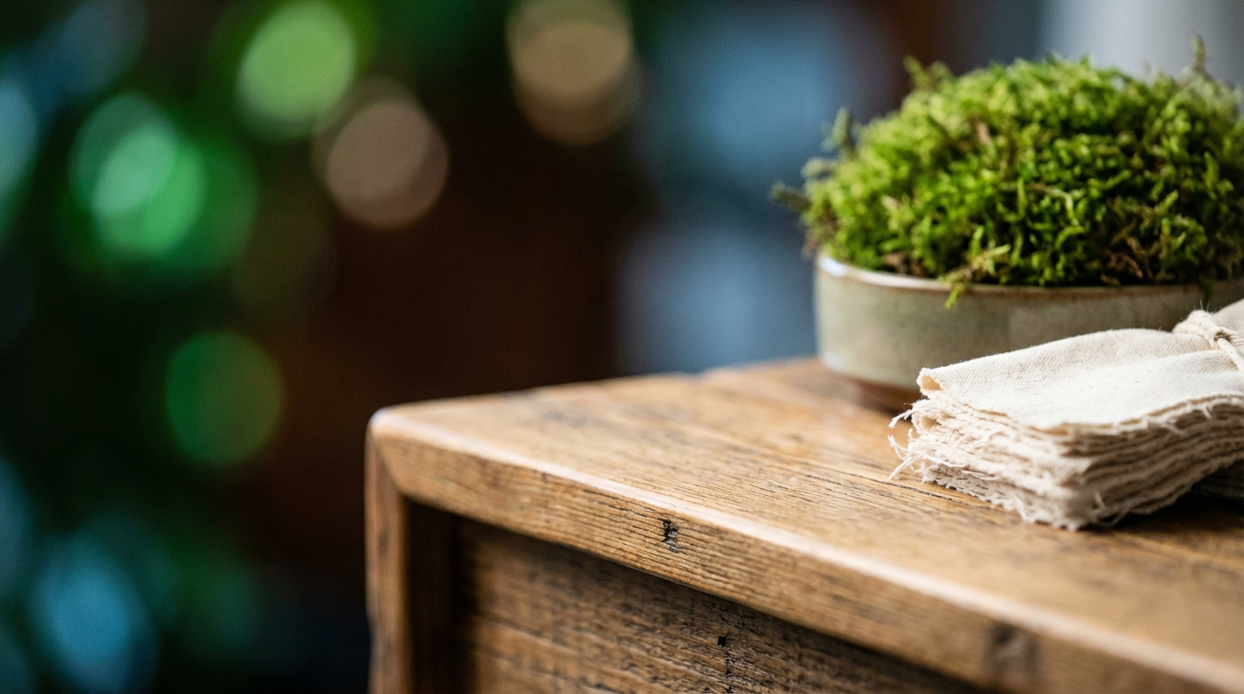 Nachhaltige Büroeinrichtung mit Holzschreibtisch und grünen Pflanzen in einem hellen Raum