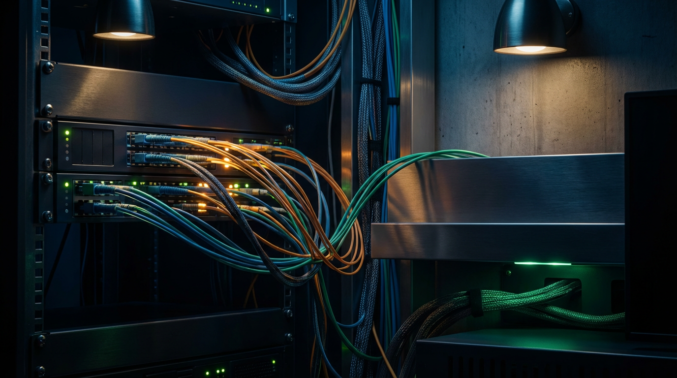 Abstraktes Diagramm einer Cloud-Netzwerklösung mit verbundenen Servern und Endgeräten