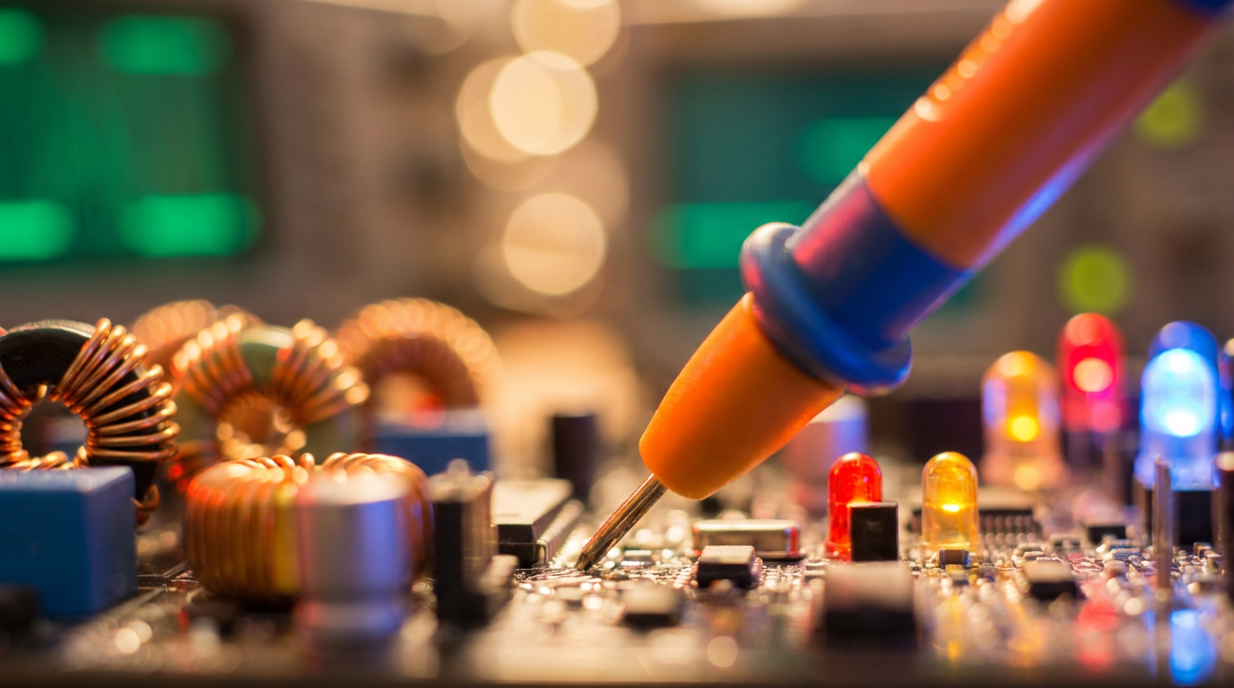 Verschiedene Messgeräte Elektronik wie Multimeter und Oszilloskop auf einem Labortisch