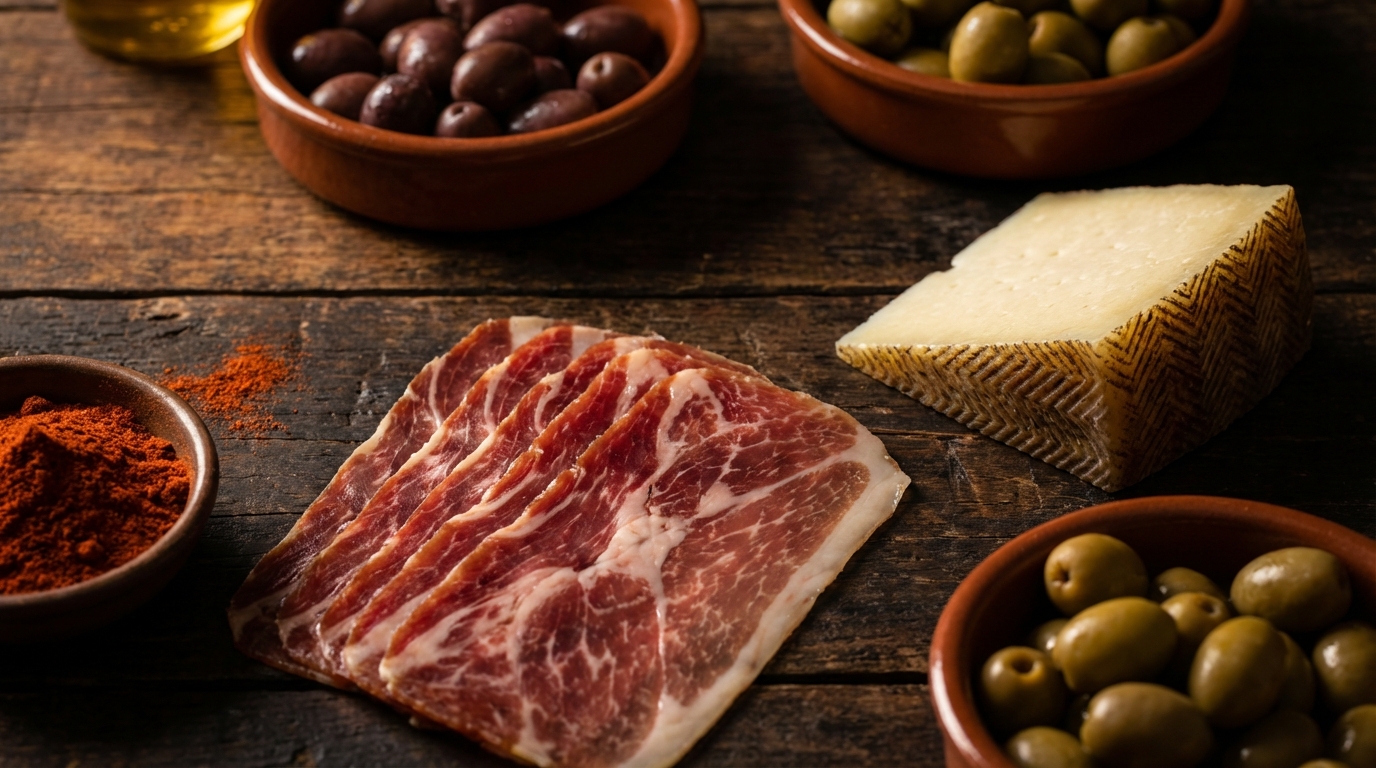 Verschiedene Tapas und regionale Spezialitäten der spanischen Küche Regionen auf einem Holztisch