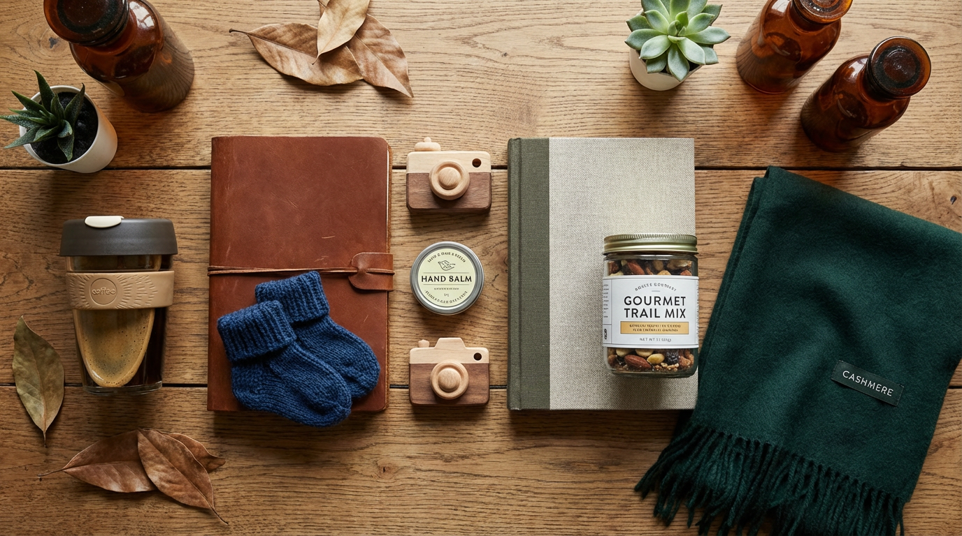 Ein zusammengestelltes Set als Geschenke für werdende Väter mit Kaffee, Baby-Body und Ratgeber