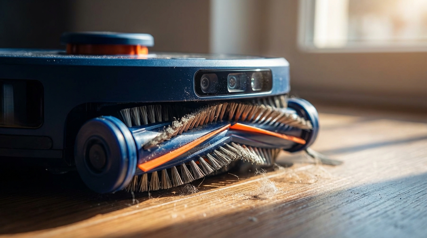 Moderne technische Hilfsmittel im Haushalt wie ein Saugroboter und smarte Display-Steuerung