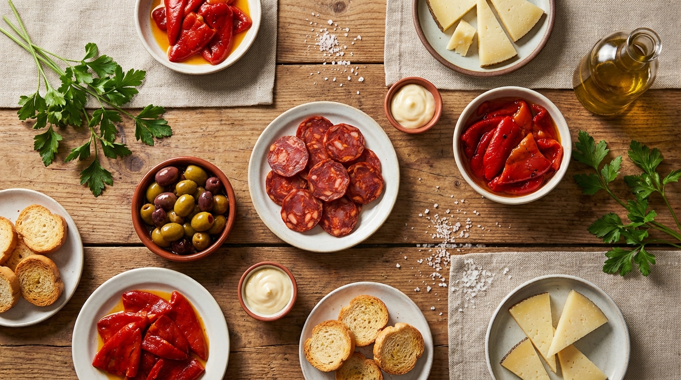 Verschiedene spanische tapas rezepte wie Oliven, Schinken und Tortilla auf einem Holztisch
