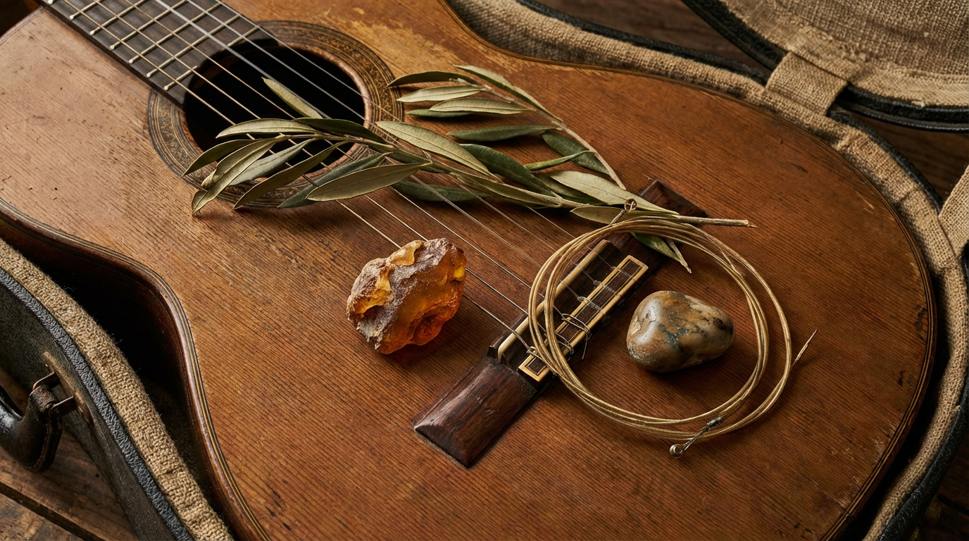 Traditionelle spanische Musikinstrumente wie Gitarre und Kastagnetten auf einem Holztisch