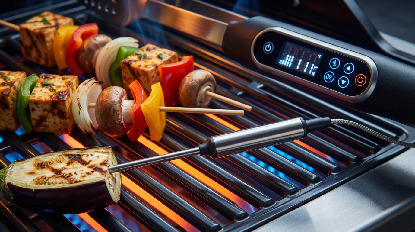 Bunte vegetarische Grillspieße mit Paprika, Zucchini und Halloumi auf einem Grillrost