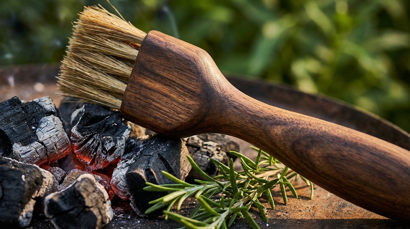 Hochwertige Grillzubehör Must-haves wie Grillzange, Thermometer und Reinigungsbürste auf einem Holztisch