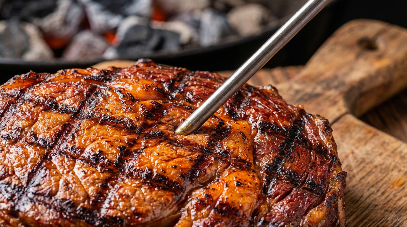 Ein digitales Fleischthermometer misst die Kerntemperatur in einem dicken Rindersteak auf dem Grill