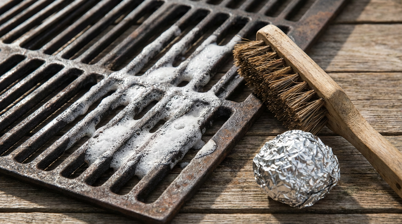 Grillrost reinigen hausmittel: Ein verschmutzter Grillrost wird mit Natronpaste behandelt