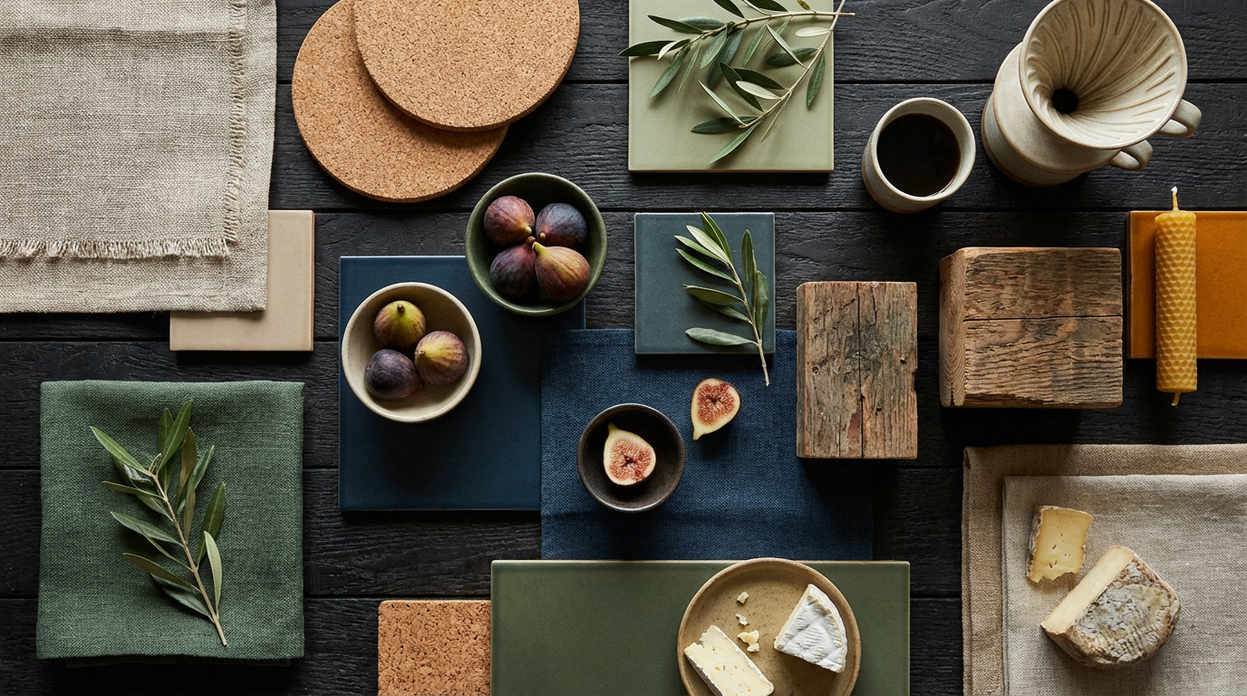Verschiedene nachhaltige möbel materialien wie helles Massivholz und Kork auf dunklem Hintergrund