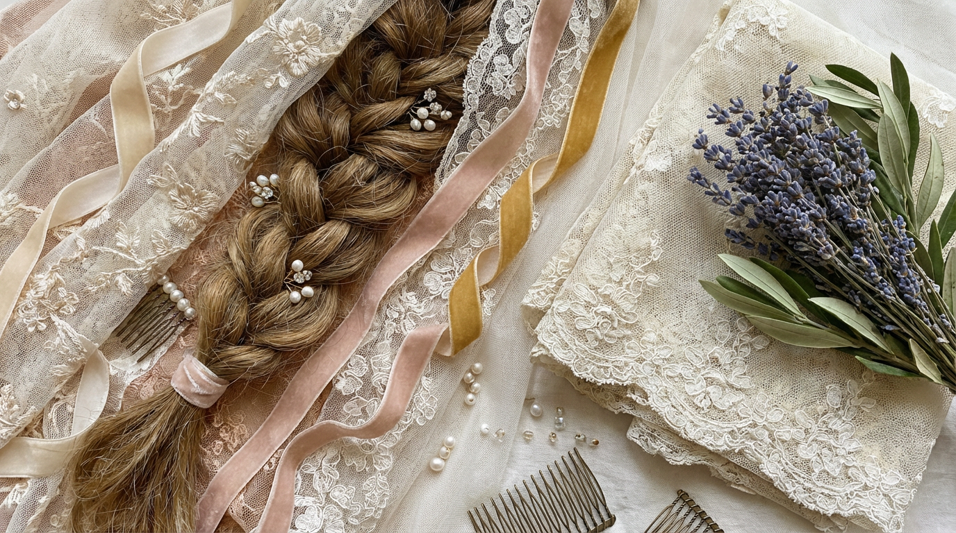 Elegante Brautfrisur mit tiefem Dutt und langem Spitzenschleier am Hinterkopf befestigt