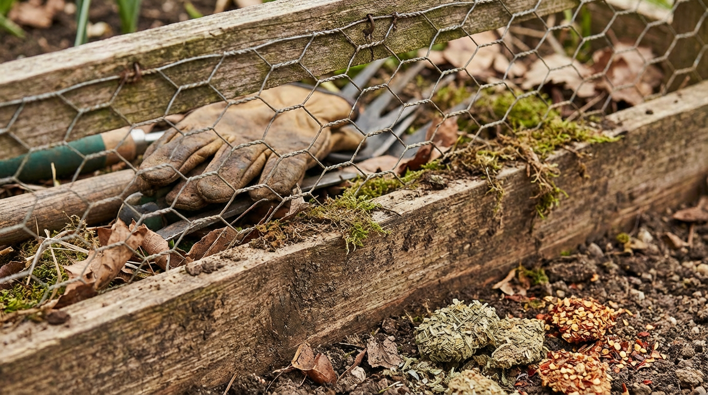 Rattenlöcher im Gartenboden unter einer Hecke als Zeichen für Ratten im Garten bekämpfen