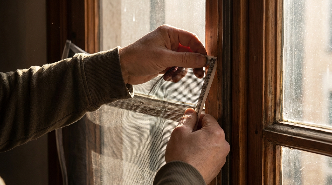 Fliegengitter kleben am Fensterrahmen mit Klettband